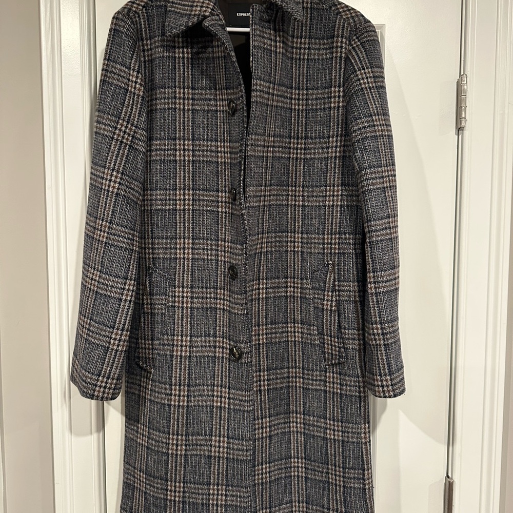 Express Men's Plaid Trench Coat - Black and Gray